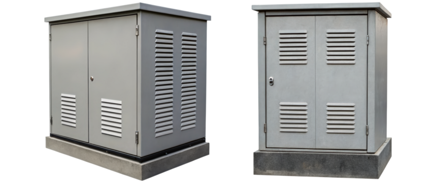 Two gray metal electrical enclosures on a transparent background