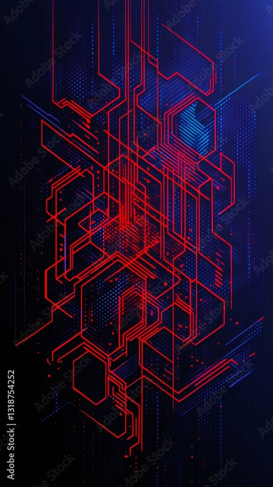 Poster intricate network of glowing lines and dots creating a futuristic technological pattern, ideal for d