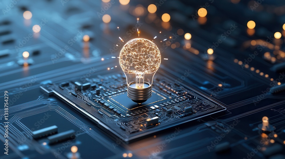 Poster innovative digital circuit board with a glowing lightbulb symbolizing the concept of intelligence te