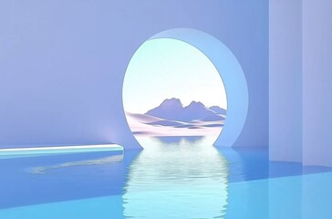 Aesthetic Circular Arch with Serene Reflection Over Calm Water and Majestic Mountains in the Background