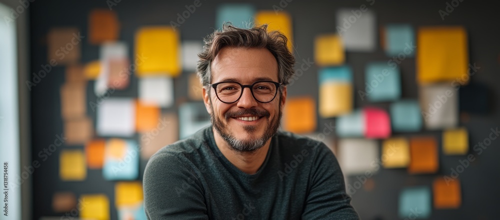 Poster man with glasses is smiling in front of a wall covered in colorful sticky notes. scene is cheerful a