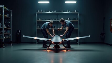 Professional studio shot of a UAV prototype in a high-tech workshop, engineers adjusting carbon-fiber wings, soft overhead LED lighting, metallic tools in the background, shallow depth of field, crisp