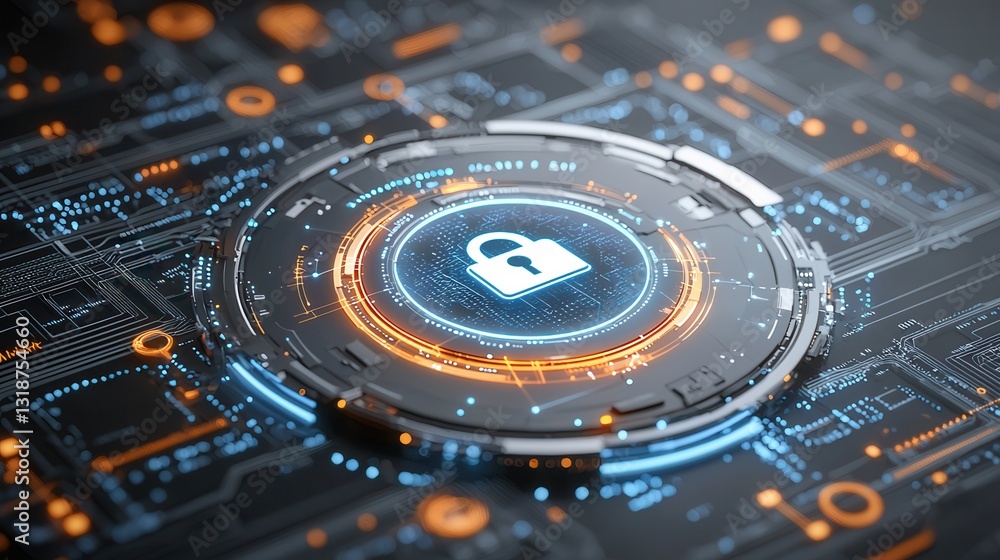 Poster high tech cybersecurity visualization showcasing an advanced digital security system with encrypted 