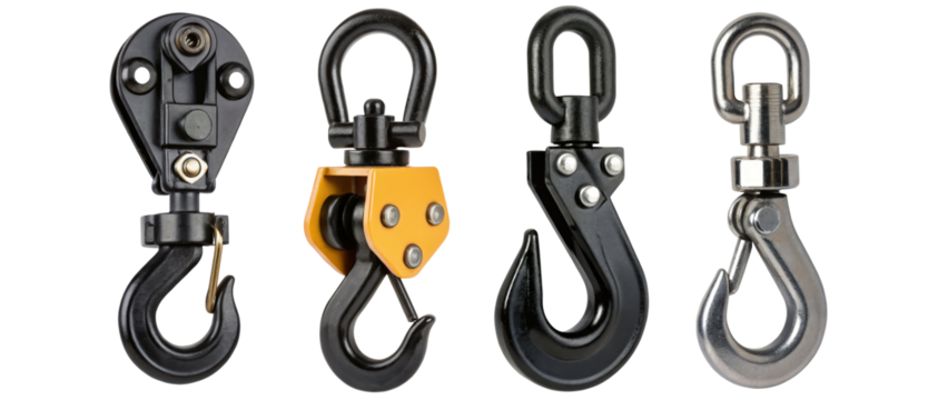 Four different types of lifting hooks on a transparent background - Powered by Adobe