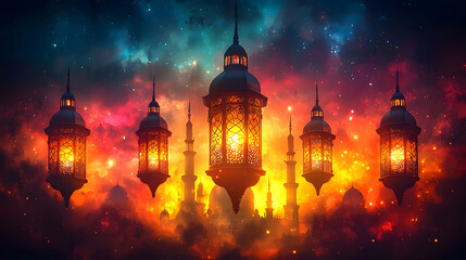 Fototapeta premium Luminous Eid Lanterns and Mosque Silhouette Against a Starry Night