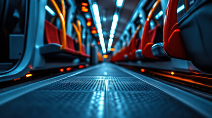 Nighttime city subway train in motion with blurred lights and fast-moving cars on a busy street