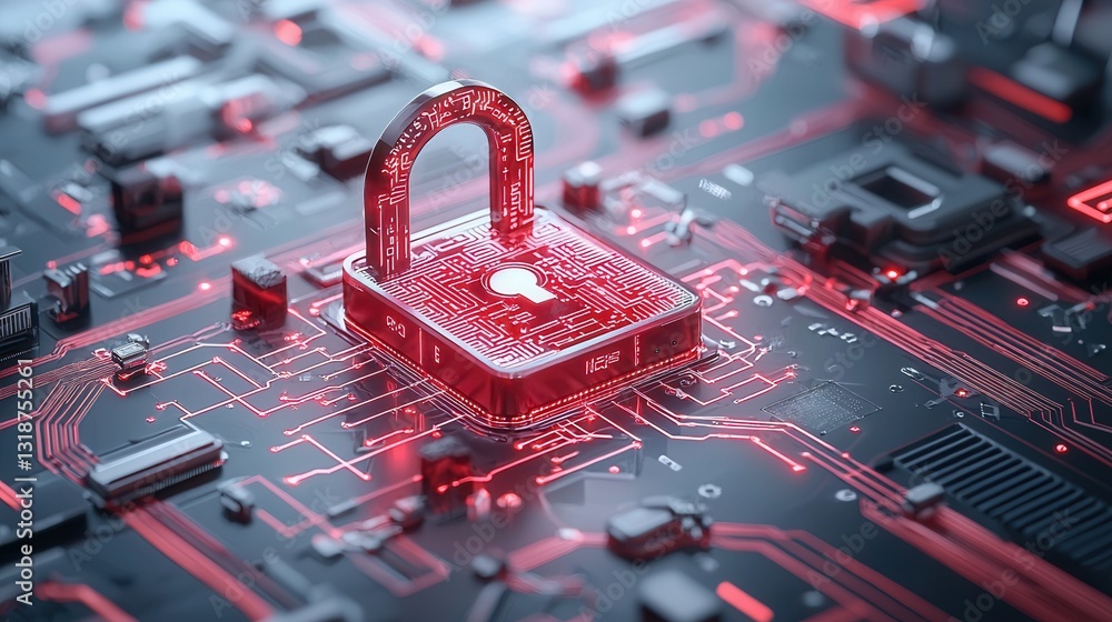 Poster high tech digital security concept with a futuristic red padlock design on a complex circuit board b