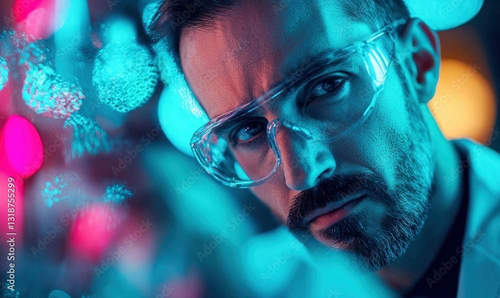 Poster close-up of a scientist in safety glasses intently studying an experiment in a colorful lab.