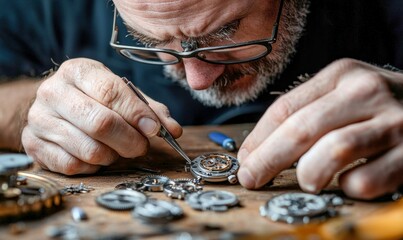 A watchmaker with glasses is repairing a wristwatch with tweezers and magnifying glasses.