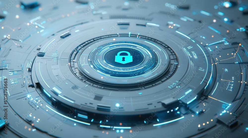 Poster a futuristic and high tech depicting the concept of advanced encryption firewall protection and clou