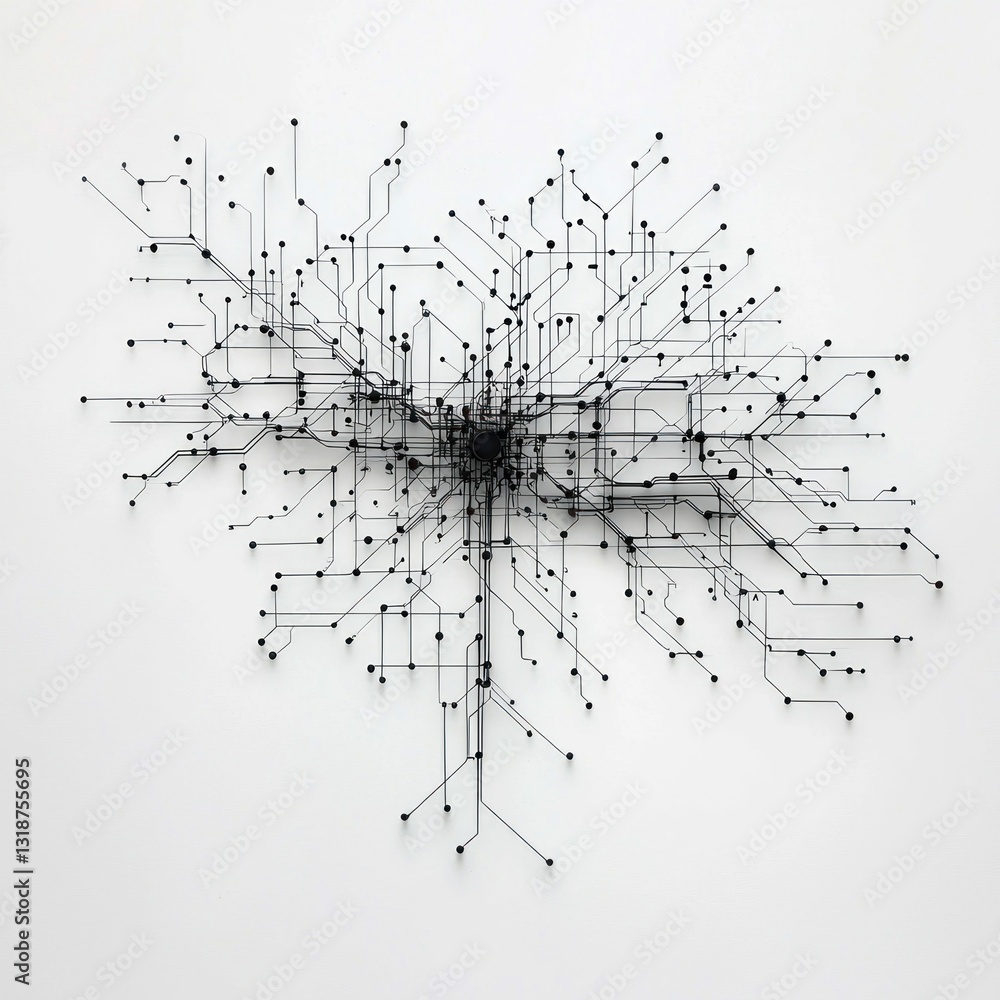 Poster a complex network of black lines and dots creates an abstract technological design on white.