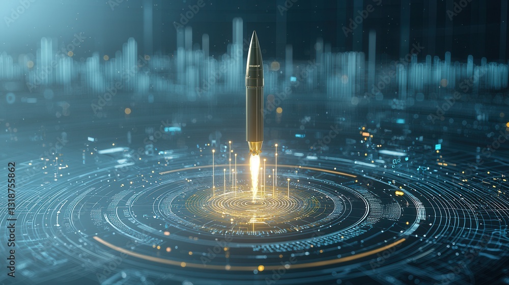 Poster futuristic and high tech financial growth concept featuring a radiant 3d data visualization display 