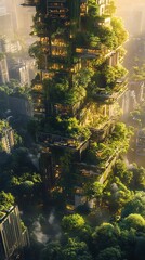 Futuristic eco-friendly skyscraper, lush greenery integrated into modern architecture.  Aerial view of a sustainable city.