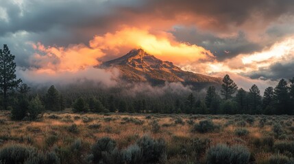 Fototapeta premium Golden sunlight dances through orange-gray clouds over a lush, green field, framed by distant mountains—a serene, glowing landscape bathed in warmth