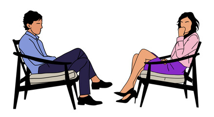 Obraz premium Man and woman sitting in armchairs in offended pose after quarrel or disagreement not wanting to communicate. Angry, arguing, breakdown or divorce people. Hand drawn style vector design illustration.