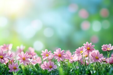 A field of pink flowers with a bright blue sky in the background
