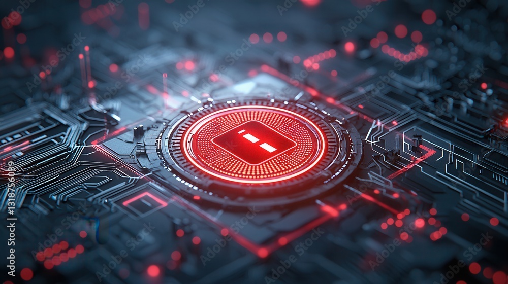 Poster futuristic digital security and firewall protection concept featuring a neon red circuit board with 
