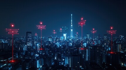 Fototapeta premium Futuristic cityscape with a dynamic skyline of illuminated skyscrapers towers and neon lights at night