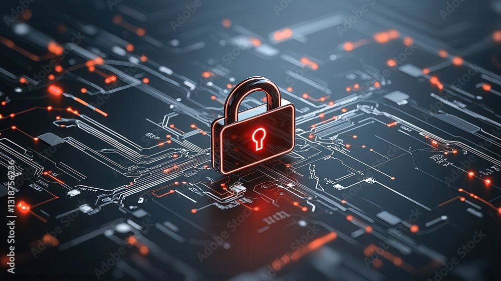 Poster striking 3d digital depicting a futuristic padlock icon with glowing red and orange lights represent
