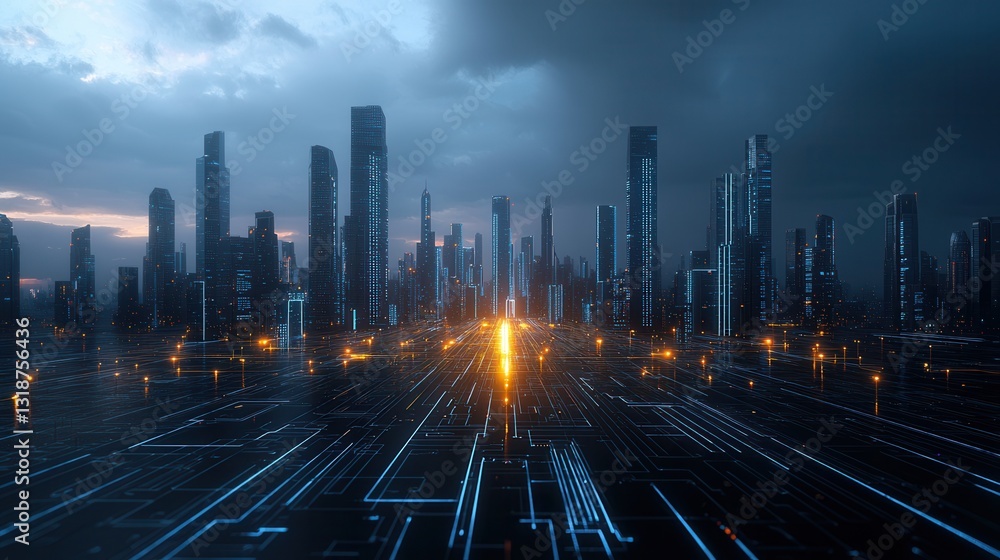 Aufkleber futuristic smart city skyline with illuminated network of skyscrapers and technological infrastructu