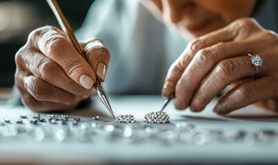 Obraz premium A skilled jewelry maker meticulously crafts diamond jewelry with delicate precision using a fine brush.