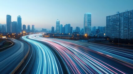 Obraz premium Mesmerizing cityscape of a vibrant high tech urban metropolis at night featuring a sleek futuristic skyline with towering skyscrapers dynamic light trails from moving traffic