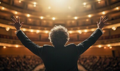 A stage performer in a black suit is raising his arms in front of a packed audience in a bright theater.
