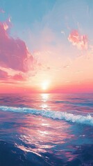 A stunning sunset over calm ocean waters with vibrant colors reflecting on the surface.
