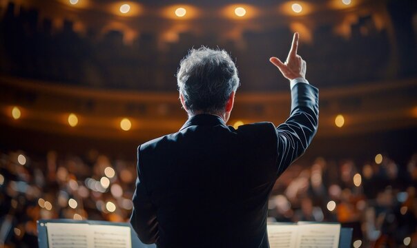Rear view of a conductor directing an orchestra on stage in a concert hall filled with people.