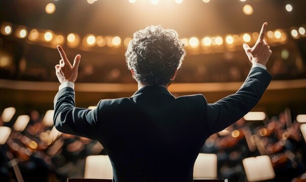 From behind, the conductor passionately leads the orchestra on a brightly lit stage in a concert hall.