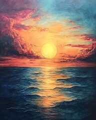 A stunning sunset over the ocean with vibrant colors and calm waves creating tranquility.