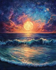 A stunning sunset reflecting on ocean waves under a starry sky.