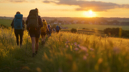 Suffolk Walking Festival, a serene scene of rolling green hills with meandering nature trails, walkers basking in the golden glow of the setting sun, charming English villages dotting the horizon