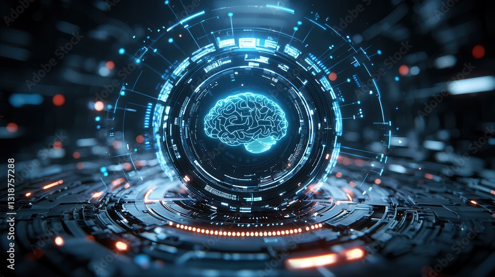 Poster hyper detailed brain hovering above a high tech digital landscape showcasing the power and complexit