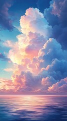 Beautiful clouds reflecting on calm ocean water during a stunning sunset ambiance.