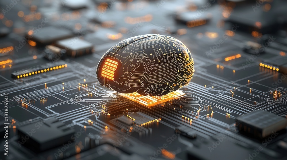 Poster hyper detailed 3d rendering of a cybernetic intelligence depicting a digital brain made up of comple