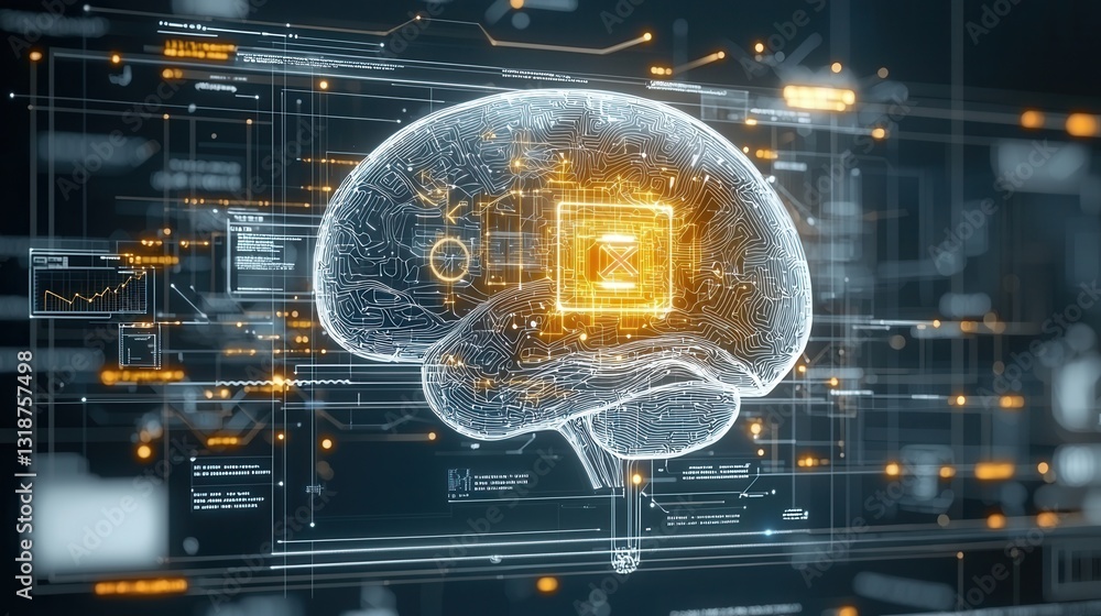 Poster hyper detailed and visually striking depiction of a futuristic digital brain showcasing the complex 