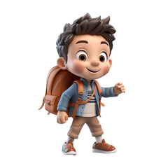 A cartoon boy is walking with a backpack on isolated on transparent background