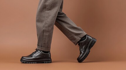 Person Walking Mindfully in Brown Studio Environment with Stylish Brown Shoes on Brown Background
