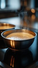 Fototapeta premium Steaming liquid in a metal bowl, cooking on a black stovetop