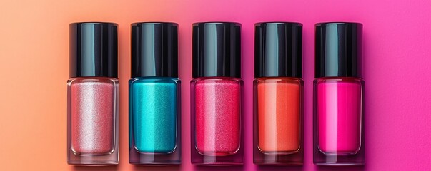 Obraz premium A vibrant display of nail polish bottles in various shades, set against a colorful gradient background, highlighting beauty and style.