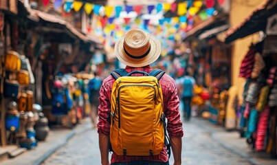 A tourist with a yellow backpack explores a vibrant marketplace filled with colorful decorations.