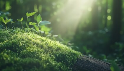Sunlight Dappled Moss and New Sprouts in a Verdant Forest