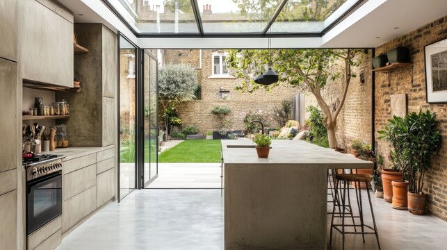 A minimal kitchen extension with a transparent roof and sleek exposed cement counters.