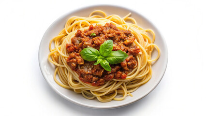 Top view of a plate of rich pasta Bolognese, served with a generous meat sauce.