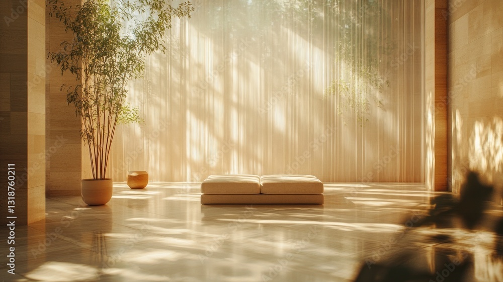 Poster soft sunlight streams through sheer curtains, illuminating a peaceful minimalist space adorned with 