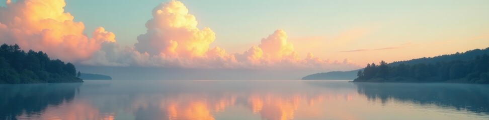 Fototapeta premium Soft golden clouds float gently above a serene lake, water, clouds