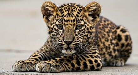 Fototapeta premium Adorable leopard cub rests peacefully soft natural light highlights its spotted coat. AI Generated