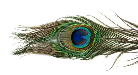 Magnificent Peacock Feather: A Single Plume Against a Pristine White Background