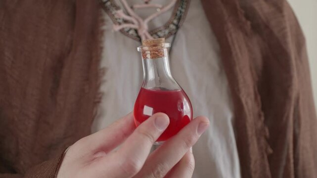 A man with a cross around his neck holding a potion in a red glass bottle